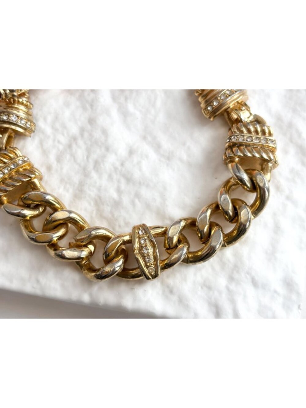 Gold Toned Curb Chain Chunky Rhinestone Accented Vintage 80's Style Bracelet - Picture 4 of 16